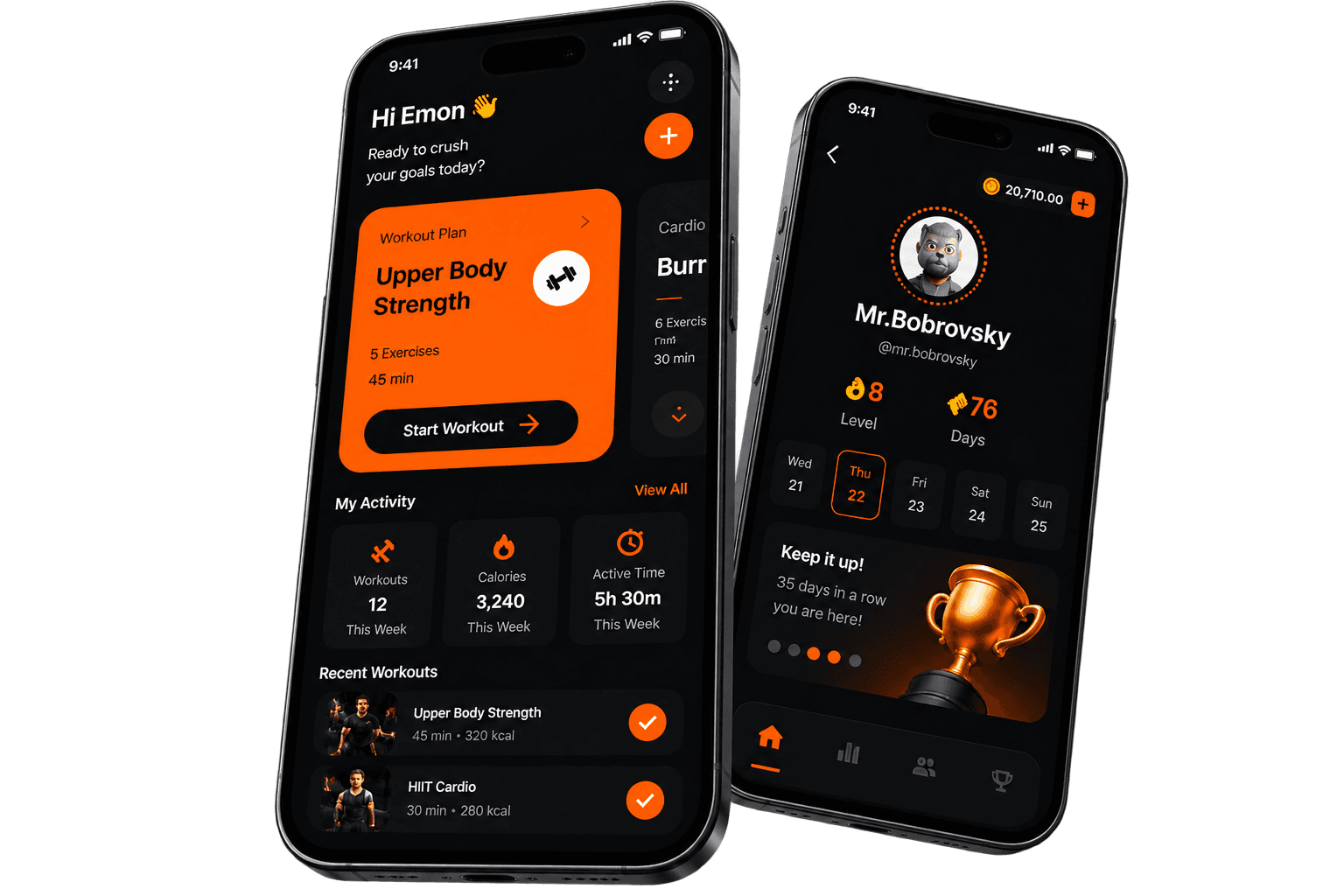 The Fitpit app: a workout plan ready to start, and an athlete profile showing level, streak and trophies